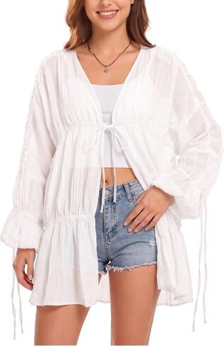 Women Swimsuit Coverup Flowy Ruched Bell Sleeve Beach Cover Up Tops Summer Casual Long Chiffon Front Tie Cardigan(Ivory,M) in Saudi Arabia