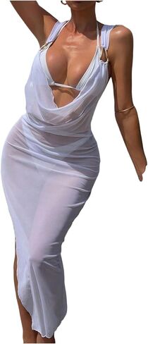 GORGLITTER Women's Draped Sarong Swimsuit Cover Up Metal Ring Mesh Criss Cross Split Backless Bikini Cover Up Beach Outfits in Kuwait