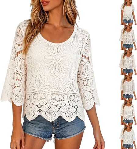 Bathing Suit Coverups for Woman Hollow Out Crochet Knit Shirt 3/4 Sleeve Crewneck Floral Lace Loose Beach Up Tops in Saudi Arabia