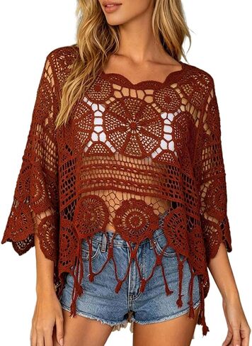 Bathing Suit Cover Ups 3/4 Sleeve Boho Round Neck Sexy Swimsuit Coverups 2026 Fringe Trim Cut Out Sheer Coverup in Saudi Arabia