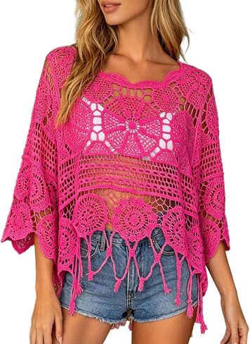 Bathing Suit Cover Ups 3/4 Sleeve Boho Round Neck Sexy Swimsuit Coverups 2026 Fringe Trim Cut Out Sheer Coverup in Saudi Arabia