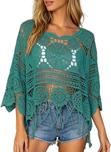 Bathing Suit Cover Ups 3/4 Sleeve Boho Round Neck Sexy Swimsuit Coverups 2026 Fringe Trim Cut Out Sheer Coverup in Saudi Arabia