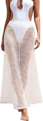 HYPERFIRE Women's Lace Swim Cover Up Elastic Waist Sheer Long Beach Skirt Maxi Cover Up in Kuwait