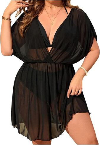 SHENHE Women's Plus Size Mesh Cover Up for Swimwear V Neck Sheer Swimsuit Coverup Beach Dress in Kuwait