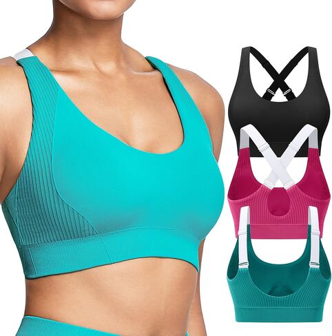 3 Pack Adjustable Sports Bra for Women, Medium-High Support Impact Racerback Supportive Padded Running Workout Gym Bra in Saudi Arabia
