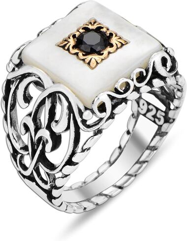 Mother of Pearl Ring Men, Square Design Pearl Ring, Solid 925 Sterling Ring, Turkish Ottoman Handmade 925 Sterling, Father Day Gift in Saudi Arabia