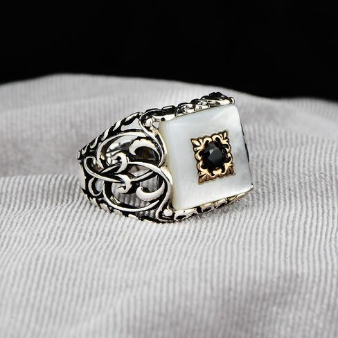 Mother of Pearl Ring Men, Square Design Pearl Ring, Solid 925 Sterling Ring, Turkish Ottoman Handmade 925 Sterling, Father Day Gift in Saudi Arabia