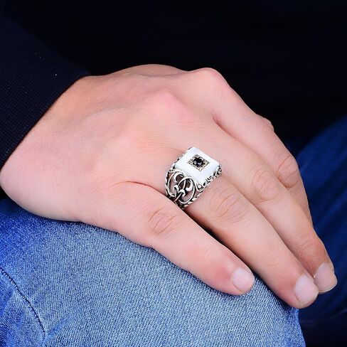 Mother of Pearl Ring Men, Square Design Pearl Ring, Solid 925 Sterling Ring, Turkish Ottoman Handmade 925 Sterling, Father Day Gift in Saudi Arabia