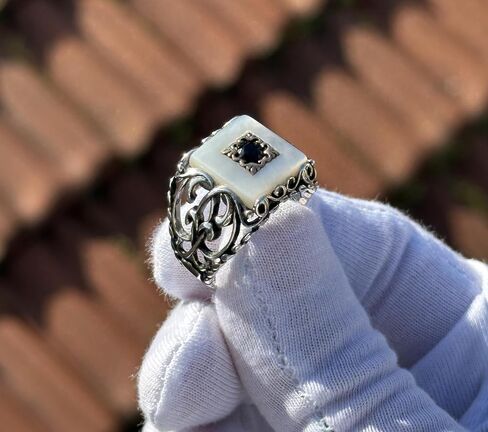 Mother of Pearl Ring Men, Square Design Pearl Ring, Solid 925 Sterling Ring, Turkish Ottoman Handmade 925 Sterling, Father Day Gift in Saudi Arabia
