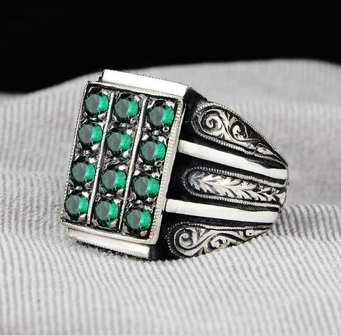 Men Emerald Stone Ring, Hand-Engraved Man Ring, Micro Stone Ring, Ottoman Style Handmade Ring, Vintage Style Men Ring, Father Day Gift, 925K Silver in Saudi Arabia