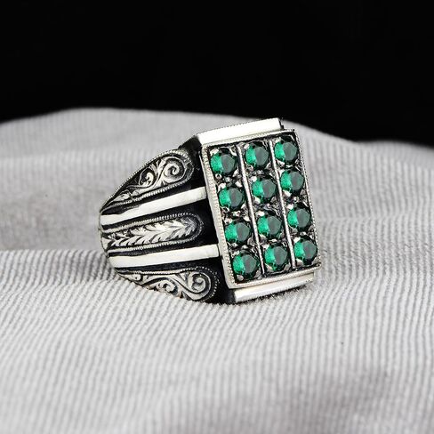 Men Emerald Stone Ring, Hand-Engraved Man Ring, Micro Stone Ring, Ottoman Style Handmade Ring, Vintage Style Men Ring, Father Day Gift, 925K Silver in Saudi Arabia