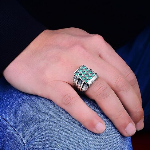 Men Emerald Stone Ring, Hand-Engraved Man Ring, Micro Stone Ring, Ottoman Style Handmade Ring, Vintage Style Men Ring, Father Day Gift, 925K Silver in Saudi Arabia