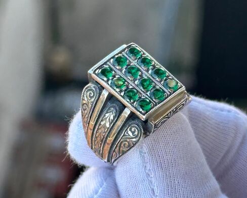 Men Emerald Stone Ring, Hand-Engraved Man Ring, Micro Stone Ring, Ottoman Style Handmade Ring, Vintage Style Men Ring, Father Day Gift, 925K Silver in Saudi Arabia