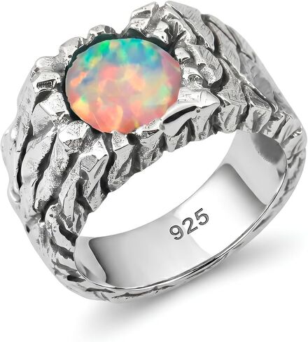 ZYNORACREATION Natural Opal Ring Mens Oxidised Solid 925 Sterling Silver Vintage Handmade Gemstone Mens Jewelry Ethiopian Opal Mens Ring Statement Men's Jewelry Gift for Him Signet Mens Ring Round Cut Stones in Kuwait
