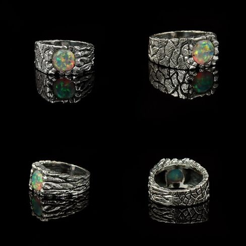 ZYNORACREATION Natural Opal Ring Mens Oxidised Solid 925 Sterling Silver Vintage Handmade Gemstone Mens Jewelry Ethiopian Opal Mens Ring Statement Men's Jewelry Gift for Him Signet Mens Ring Round Cut Stones in Kuwait