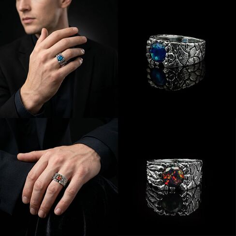 ZYNORACREATION Natural Opal Ring Mens Oxidised Solid 925 Sterling Silver Vintage Handmade Gemstone Mens Jewelry Ethiopian Opal Mens Ring Statement Men's Jewelry Gift for Him Signet Mens Ring Round Cut Stones in Kuwait