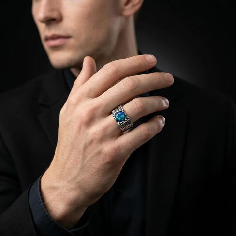 ZYNORACREATION Natural Opal Ring Mens Oxidised Solid 925 Sterling Silver Vintage Handmade Gemstone Mens Jewelry Ethiopian Opal Mens Ring Statement Men's Jewelry Gift for Him Signet Mens Ring Round Cut Stones in Kuwait