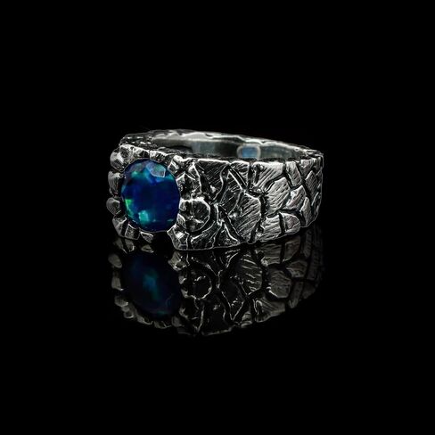 ZYNORACREATION Natural Opal Ring Mens Oxidised Solid 925 Sterling Silver Vintage Handmade Gemstone Mens Jewelry Ethiopian Opal Mens Ring Statement Men's Jewelry Gift for Him Signet Mens Ring Round Cut Stones in Kuwait