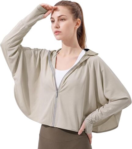 Womens UPF 50+ Loose Waist Sun Protection Hoodie Lightweight Quick Dry Long Sleeve Zip Jacket Fixed Brim for Cycling in Saudi Arabia