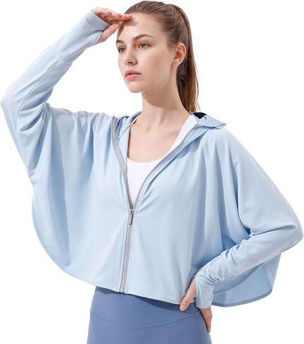 Womens UPF 50+ Loose Waist Sun Protection Hoodie Lightweight Quick Dry Long Sleeve Zip Jacket Fixed Brim for Cycling in Saudi Arabia