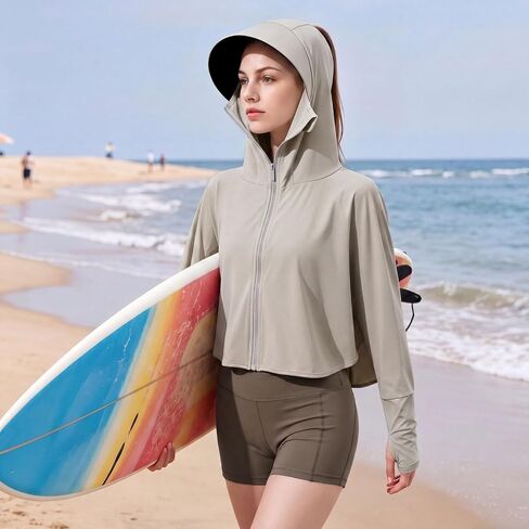 Womens UPF 50+ Loose Waist Sun Protection Hoodie Lightweight Quick Dry Long Sleeve Zip Jacket Fixed Brim for Cycling in Saudi Arabia