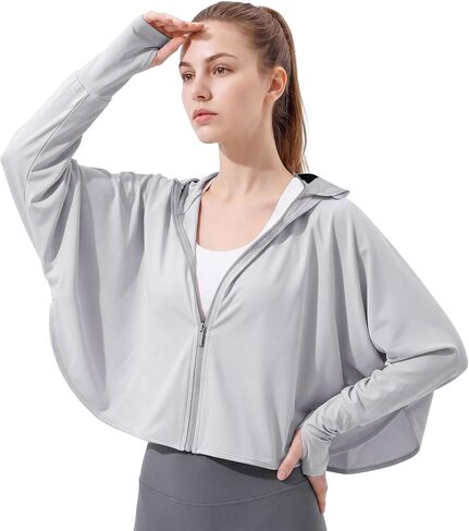 Womens UPF 50+ Loose Waist Sun Protection Hoodie Lightweight Quick Dry Long Sleeve Zip Jacket Fixed Brim for Cycling in Saudi Arabia