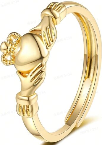 Adjustable Claddagh Rings for Women, Hypoallergenic White Gold/14K Gold Plated Celtic Irish Wedding Ring, Womens Eternity Band Open Heart Rings Stackable,Send Gift Box in Saudi Arabia