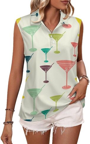 Vintage Martini Glass Print Women's Golf Shirts Sleeveless Shirts V-Neck Quickly Dry Tank Tops Casual Blouses in Saudi Arabia