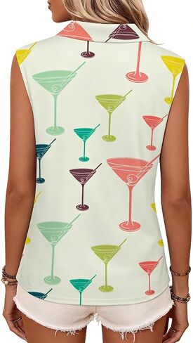 Vintage Martini Glass Print Women's Golf Shirts Sleeveless Shirts V-Neck Quickly Dry Tank Tops Casual Blouses in Saudi Arabia