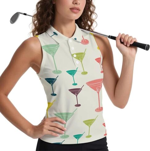 Vintage Martini Glass Print Women's Golf Shirts Sleeveless Shirts V-Neck Quickly Dry Tank Tops Casual Blouses in Saudi Arabia
