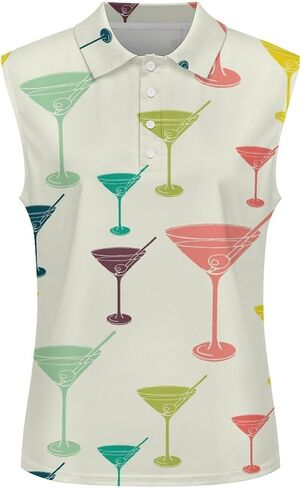 Vintage Martini Glass Print Women's Golf Shirts Sleeveless Shirts V-Neck Quickly Dry Tank Tops Casual Blouses in Saudi Arabia