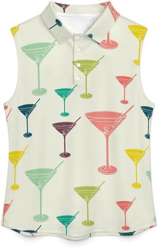 Vintage Martini Glass Print Women's Golf Shirts Sleeveless Shirts V-Neck Quickly Dry Tank Tops Casual Blouses in Saudi Arabia