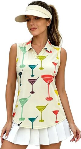 Vintage Martini Glass Print Women's Golf Shirts Sleeveless Shirts V-Neck Quickly Dry Tank Tops Casual Blouses in Saudi Arabia