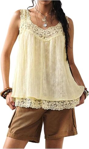 WDIRARA Women's Lace Flowy Tank Top V Neck Sleeveless Double Layered Vacation Tops in Kuwait