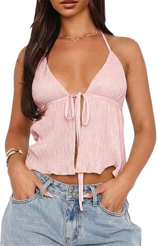 Women Halter Crop Top Tie Front V Neck Backless Flowy Summer Going Out Tops in Saudi Arabia