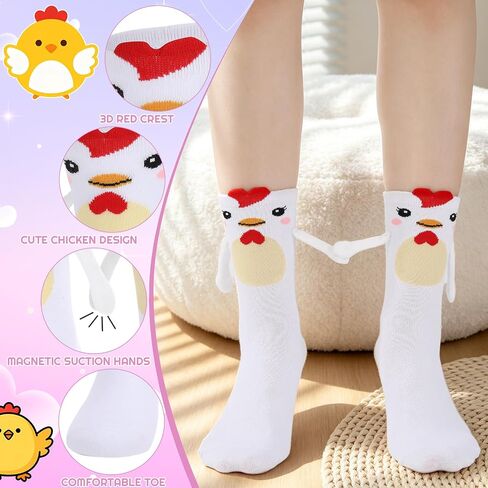 2 Pairs Chicken Socks, Magnetic Holding Hands Socks - Funny Cute Animal Hand in Hands Socks Crazy Novelty Animal Sock Gifts for Women Teen Girls Friends Besties in Saudi Arabia