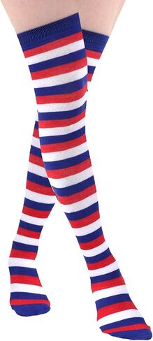 SUMERSHA Women's Striped Over Knee Socks - 27.6 Inch Long Thigh High Stockings for Parties, Halloween & Festive Outfits (US, Alpha, One Size, Regular, Regular, Blue White Red) in Kuwait