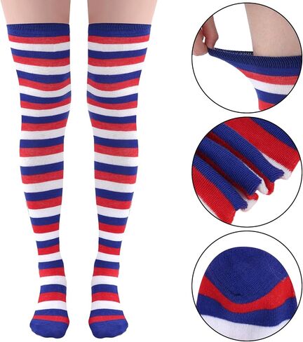 SUMERSHA Women's Striped Over Knee Socks - 27.6 Inch Long Thigh High Stockings for Parties, Halloween & Festive Outfits (US, Alpha, One Size, Regular, Regular, Blue White Red) in Kuwait