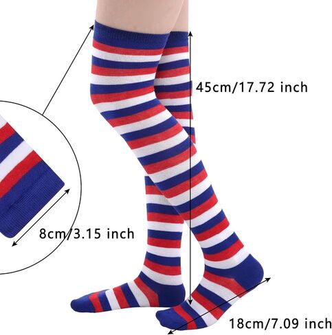SUMERSHA Women's Striped Over Knee Socks - 27.6 Inch Long Thigh High Stockings for Parties, Halloween & Festive Outfits (US, Alpha, One Size, Regular, Regular, Blue White Red) in Kuwait