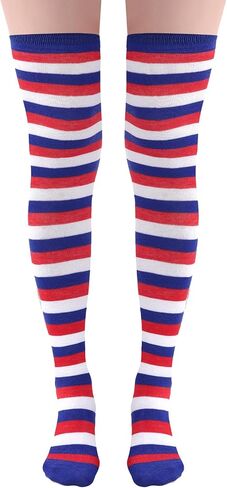 SUMERSHA Women's Striped Over Knee Socks - 27.6 Inch Long Thigh High Stockings for Parties, Halloween & Festive Outfits (US, Alpha, One Size, Regular, Regular, Blue White Red) in Kuwait