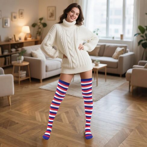 SUMERSHA Women's Striped Over Knee Socks - 27.6 Inch Long Thigh High Stockings for Parties, Halloween & Festive Outfits (US, Alpha, One Size, Regular, Regular, Blue White Red) in Kuwait