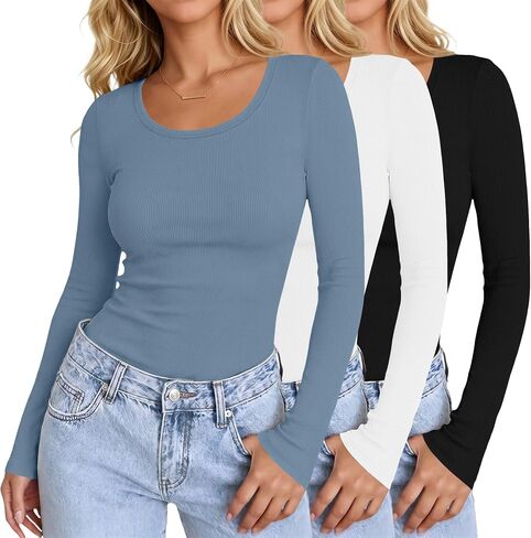 Ekouaer Womens Long Sleeve Shirts 3 Packs Scoop Neck Ribbed Tops Fitted Thermal Undershirt Soft Layering Tees XS-XXL in Saudi Arabia