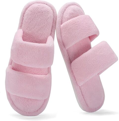 NineCiFun House Slippers for Women Double Band Open Toe Slides with Lightweight Breathable Memory Foam and Soft Coral Fleece Non-Slip Indoor Home Shoes in Saudi Arabia