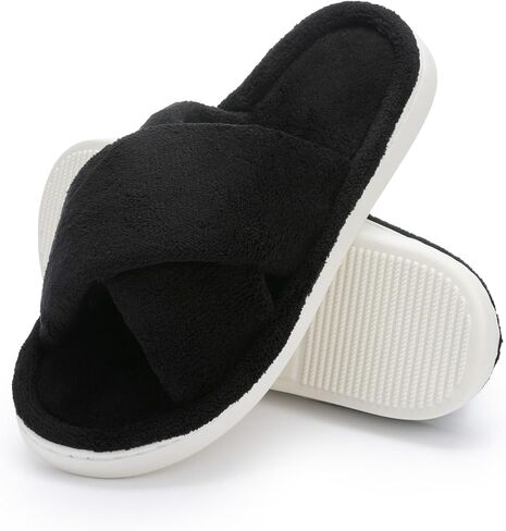 NineCiFun Womens Cross Band Open-Toe Slippers Cozy Faux Fur Lining Slippers Memory Foam Non Slip Indoor Outdoor Fuzzy House Shoes in Saudi Arabia