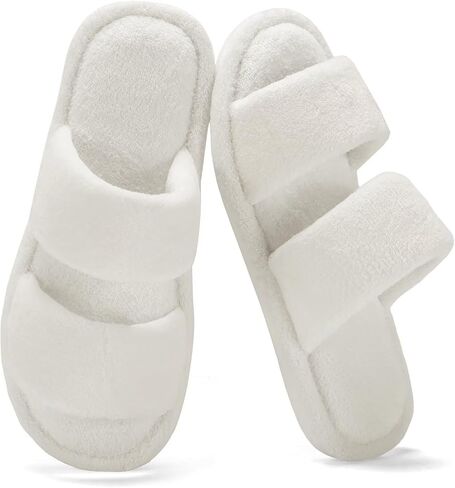 NineCiFun House Slippers for Women Double Band Open Toe Slides with Lightweight Breathable Memory Foam and Soft Coral Fleece Non-Slip Indoor Home Shoes in Saudi Arabia