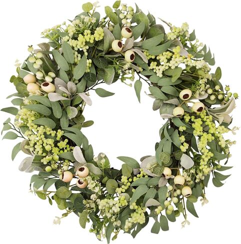 22Inch Greenery Wreaths for Front Door, Artificial Eucalyptus, Olive & Lamb's Ear Leaves Wreath with White Berries & Mini Blooms, Farmhouse Year Round Wreath for Porch Wall Window Home Decor in Saudi Arabia
