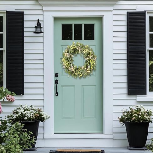 22Inch Greenery Wreaths for Front Door, Artificial Eucalyptus, Olive & Lamb's Ear Leaves Wreath with White Berries & Mini Blooms, Farmhouse Year Round Wreath for Porch Wall Window Home Decor in Saudi Arabia