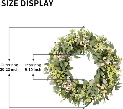 22Inch Greenery Wreaths for Front Door, Artificial Eucalyptus, Olive & Lamb's Ear Leaves Wreath with White Berries & Mini Blooms, Farmhouse Year Round Wreath for Porch Wall Window Home Decor in Saudi Arabia