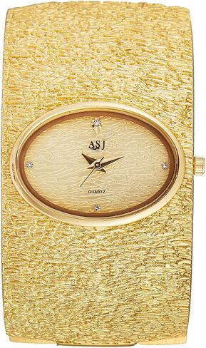 Women's Gold Bangle Analog Watch, Oval Dial with Zircon Accents, Bark Grain Texture, Spring Clasp Cuff in Saudi Arabia