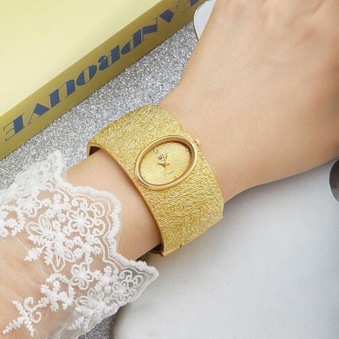 Women's Gold Bangle Analog Watch, Oval Dial with Zircon Accents, Bark Grain Texture, Spring Clasp Cuff in Saudi Arabia